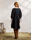 "Tara" embroidered linen dress with 3/4 sleeves black