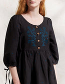 "Tara" embroidered linen dress with 3/4 sleeves black