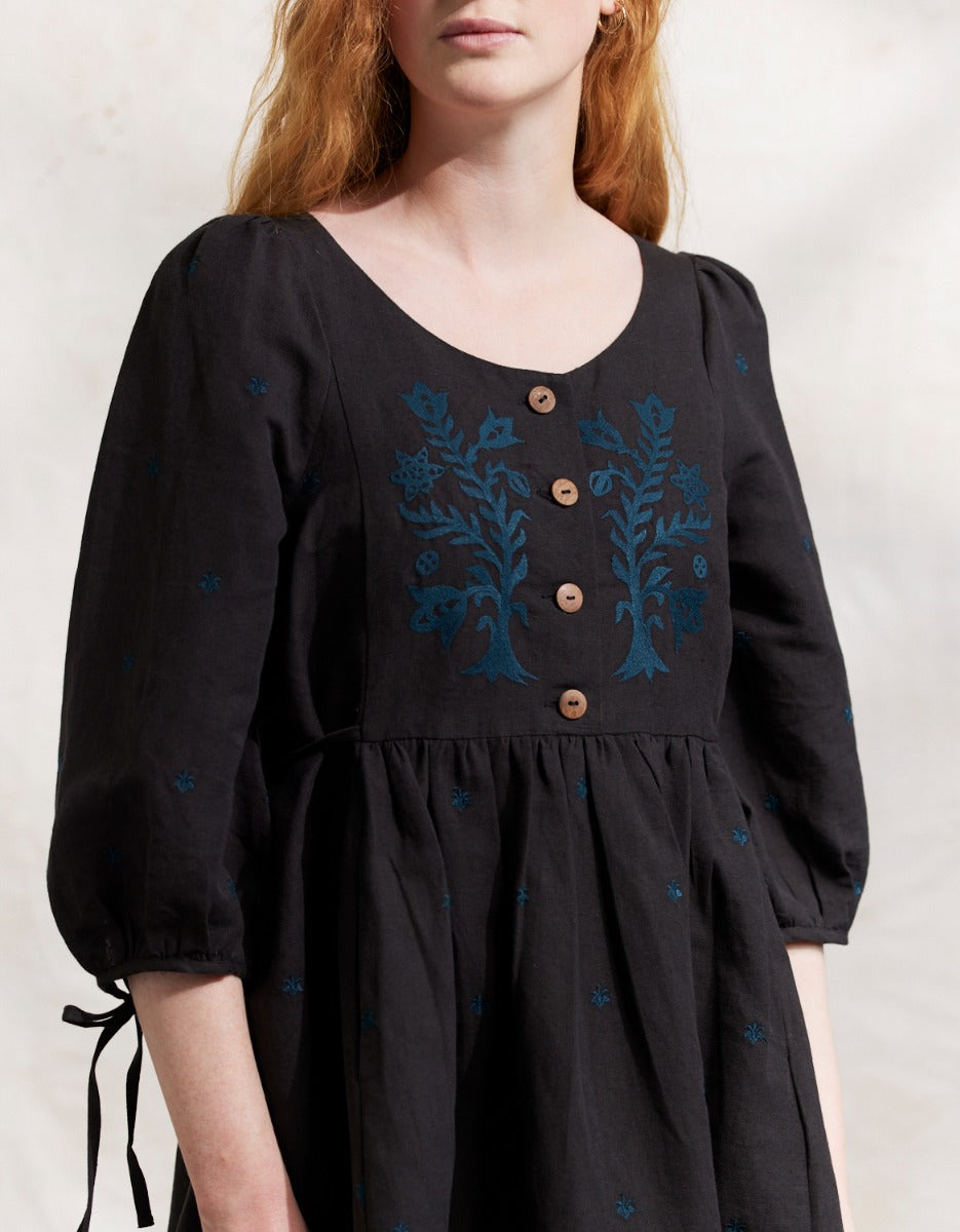 "Tara" embroidered linen dress with 3/4 sleeves black