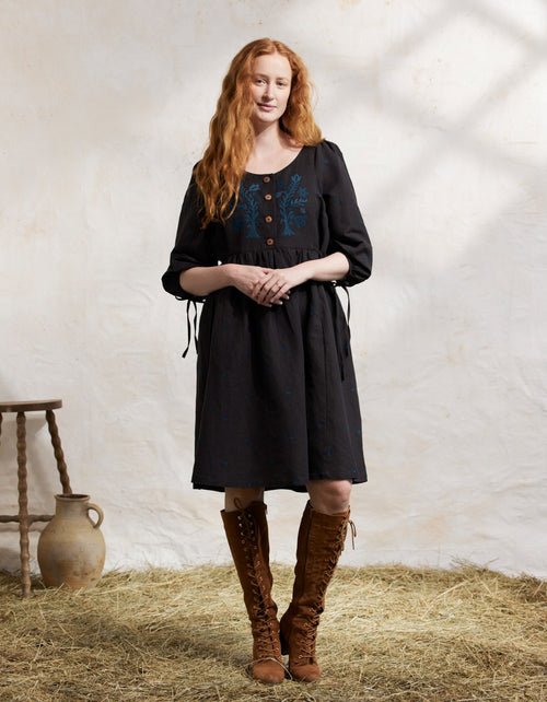 "Tara" embroidered linen dress with 3/4 sleeves black