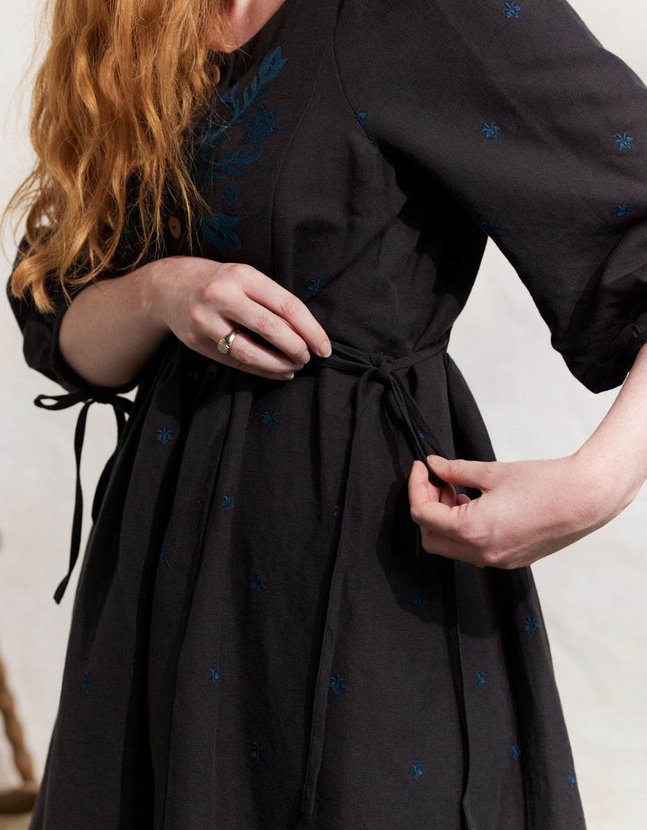 "Tara" embroidered linen dress with 3/4 sleeves black