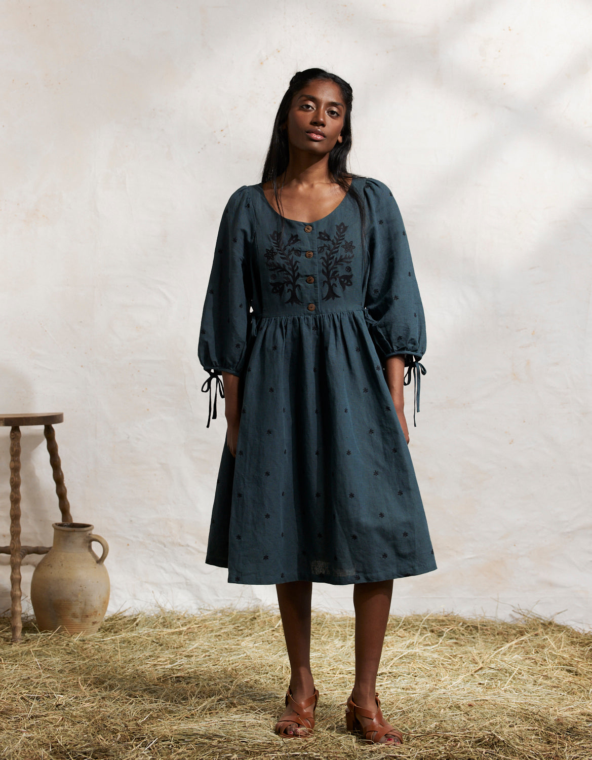 Tara embroidered linen dress with 3/4 sleeves turquoise