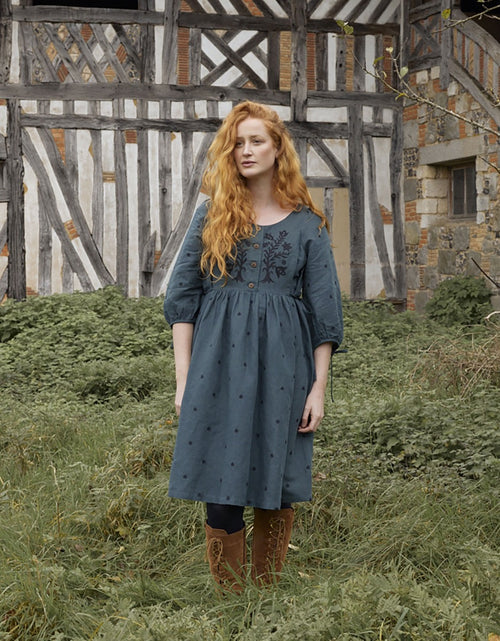 Robe 'Tara' brodée en lin manches 3/4 turquoise