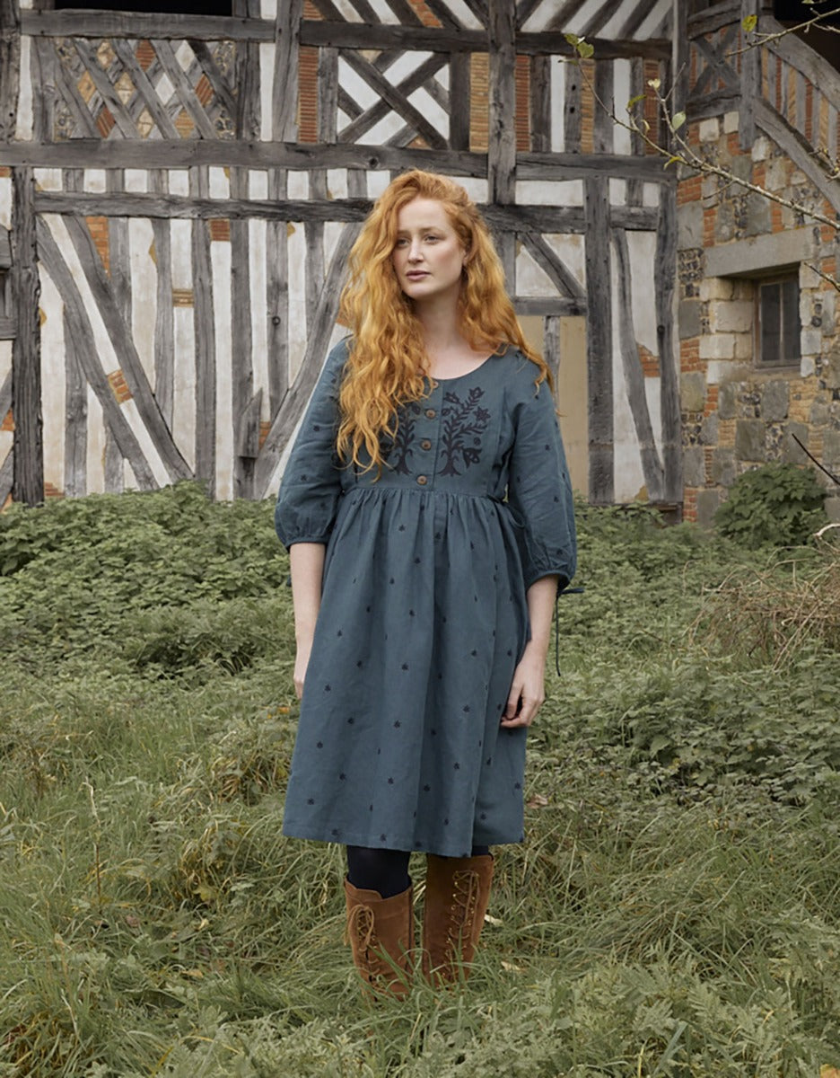 Robe 'Tara' brodée en lin manches 3/4 turquoise