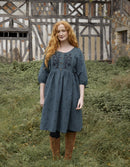 Robe 'Tara' brodée en lin manches 3/4 turquoise