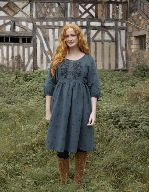 Robe 'Tara' brodée en lin manches 3/4 turquoise