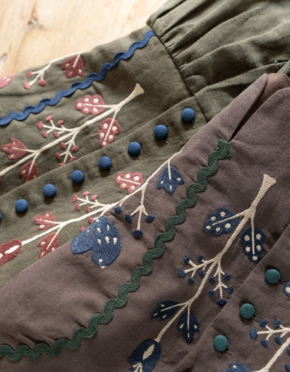 "Tilda" moss green linen dress with embroidered rust tulips