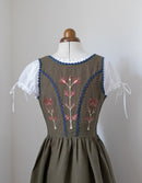 "Tilda" moss green linen dress with embroidered rust tulips