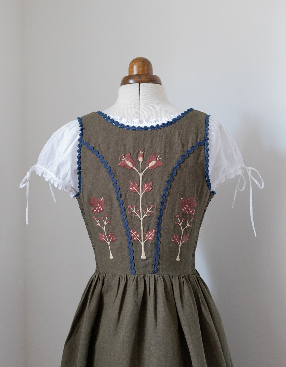 "Tilda" moss green linen dress with embroidered rust tulips