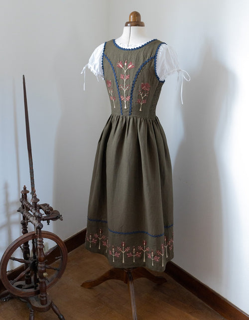 "Tilda" moss green linen dress with embroidered rust tulips