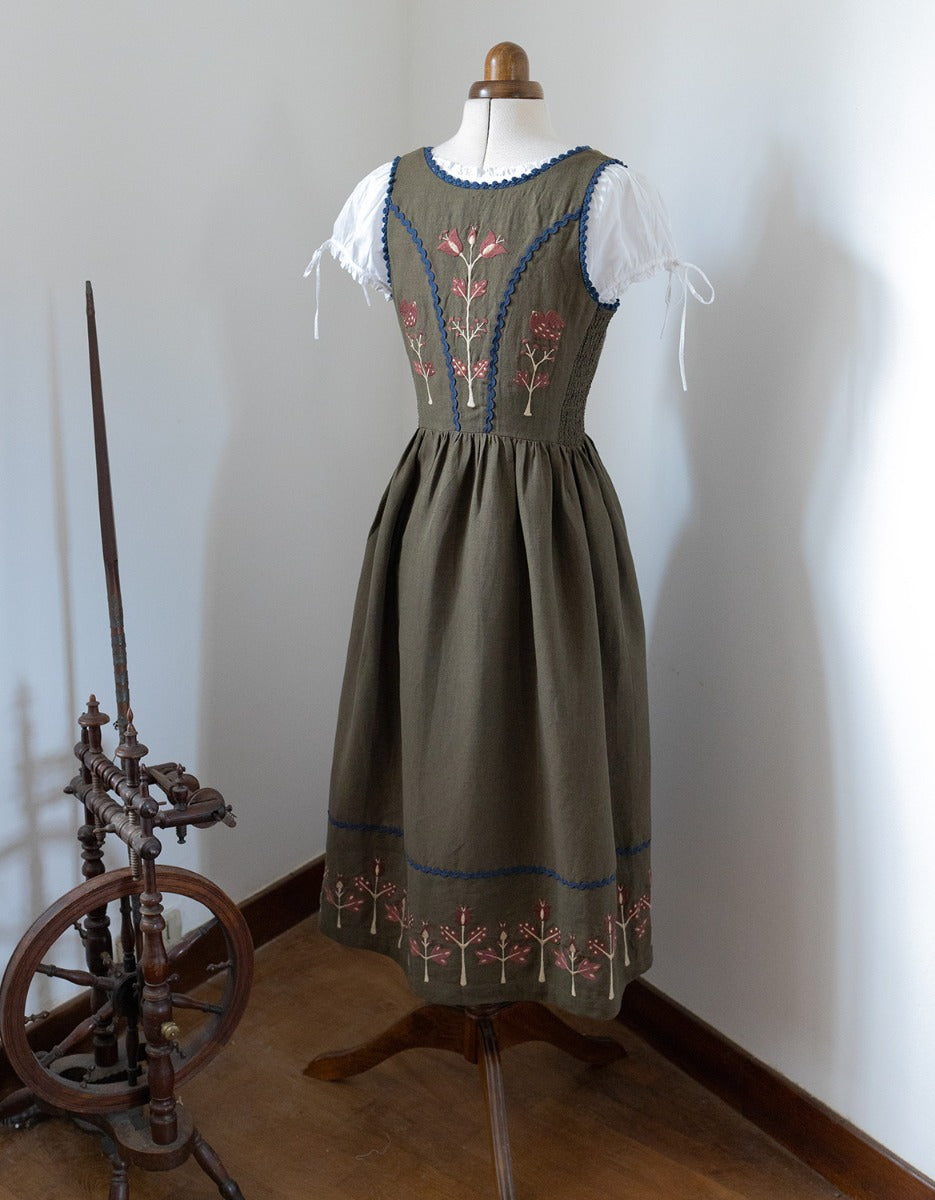 "Tilda" moss green linen dress with embroidered rust tulips
