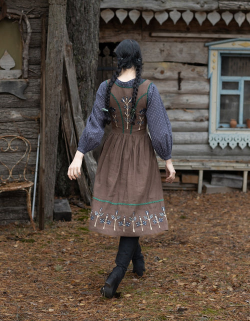 Robe 'Tilda' en lin marron brodé tulipes bleues