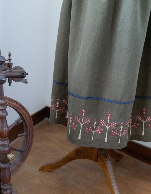 "Tilda" moss green linen dress with embroidered rust tulips