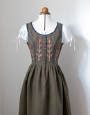 "Tilda" moss green linen dress with embroidered rust tulips