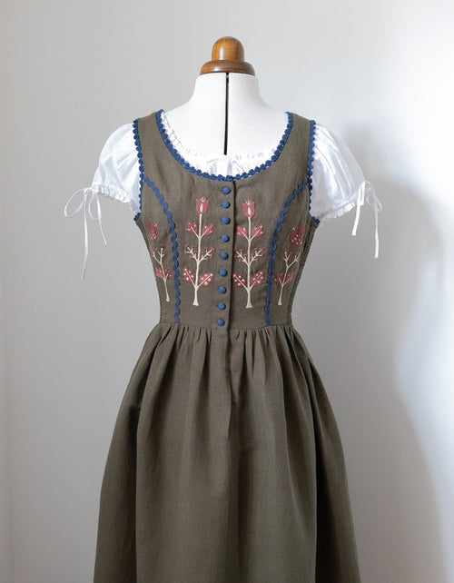 "Tilda" moss green linen dress with embroidered rust tulips