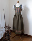 "Tilda" moss green linen dress with embroidered rust tulips