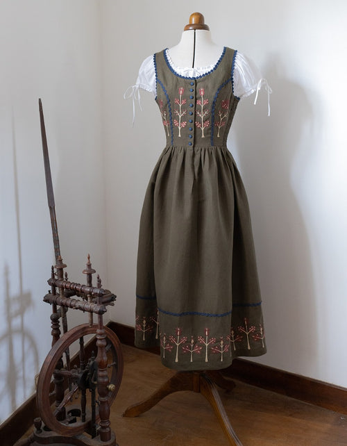 "Tilda" moss green linen dress with embroidered rust tulips