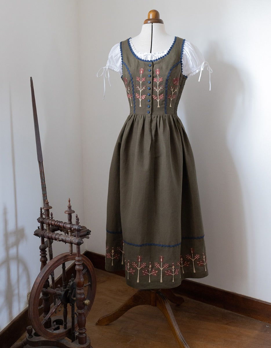 "Tilda" moss green linen dress with embroidered rust tulips