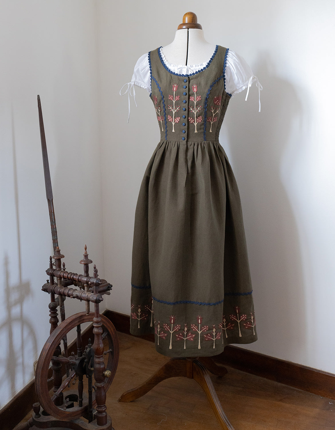 "Tilda" moss green linen dress with embroidered rust tulips