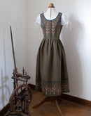 "Tilda" moss green linen dress with embroidered rust tulips