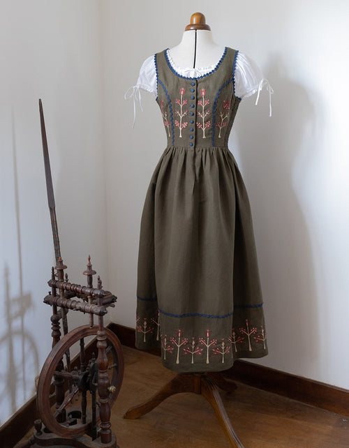 "Tilda" moss green linen dress with embroidered rust tulips