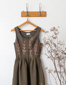 "Tilda" moss green linen dress with embroidered rust tulips
