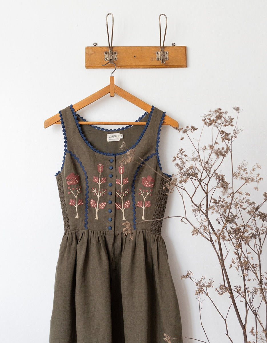 "Tilda" moss green linen dress with embroidered rust tulips