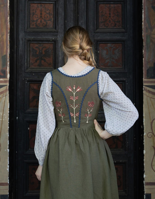 "Tilda" moss green linen dress with embroidered rust tulips