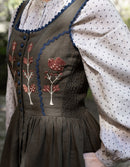 "Tilda" moss green linen dress with embroidered rust tulips