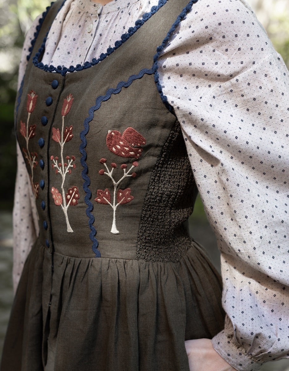 "Tilda" moss green linen dress with embroidered rust tulips
