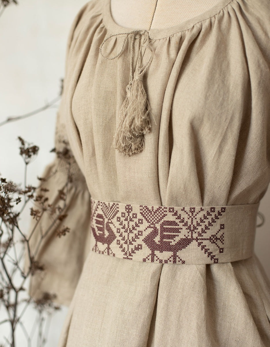 "Valeska" embroidered linen belt burgundy