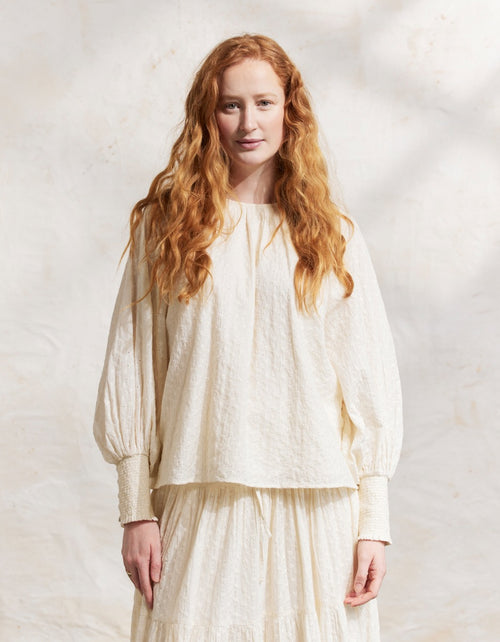 "Velga" puff sleeves embroidered cotton top cream