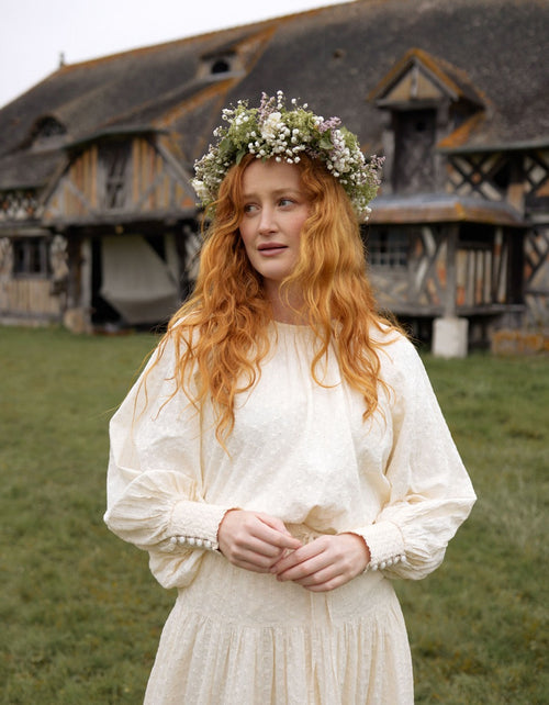 "Velga" puff sleeves embroidered cotton top cream
