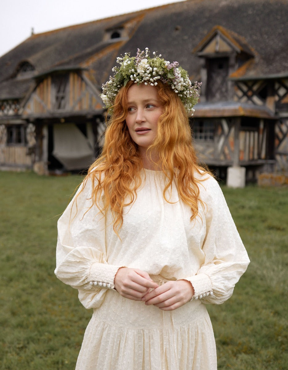 "Velga" puff sleeves embroidered cotton top cream
