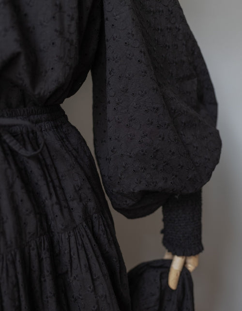 "Velga" puff sleeves embroidered cotton top black