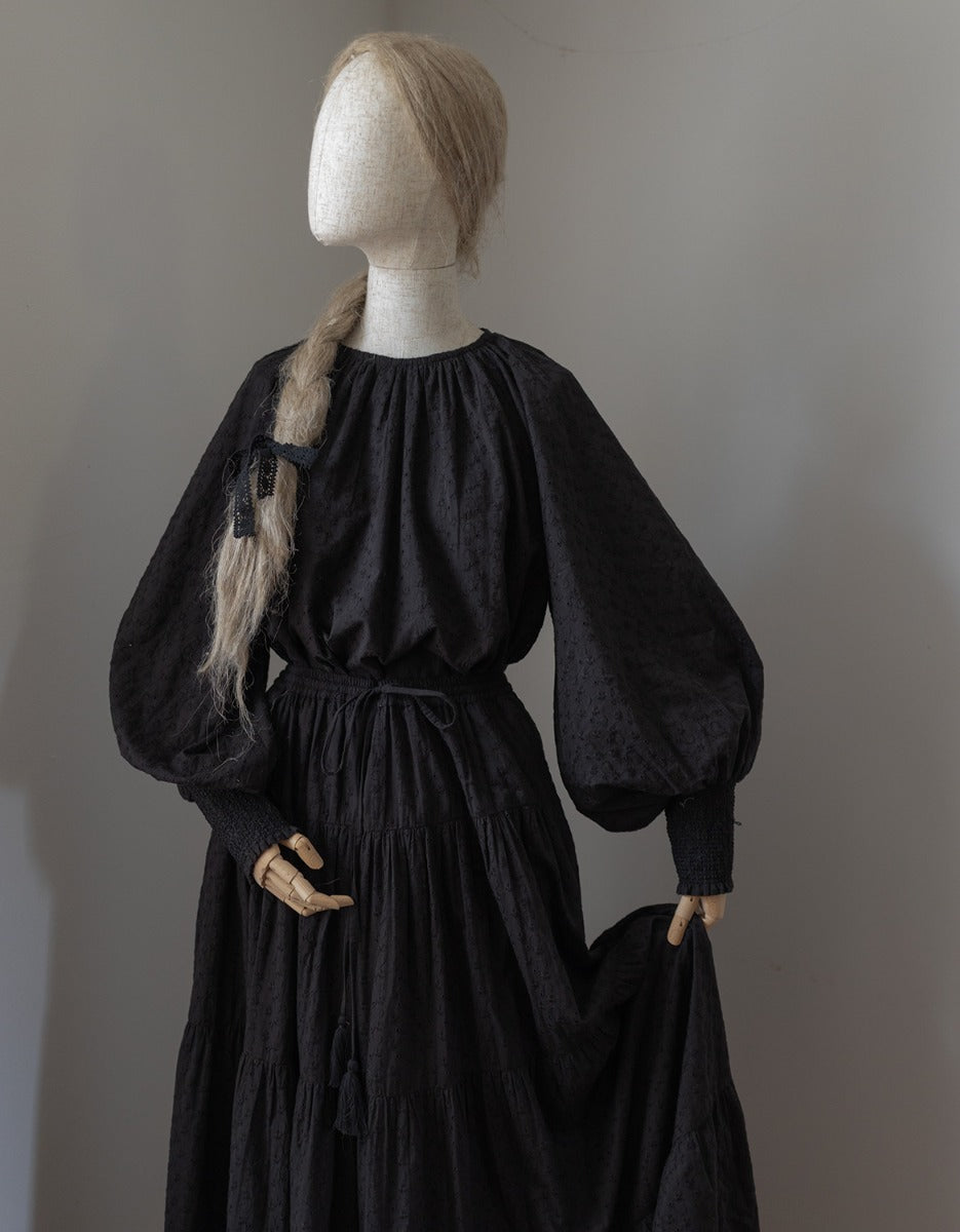 "Velga" puff sleeves embroidered cotton top black