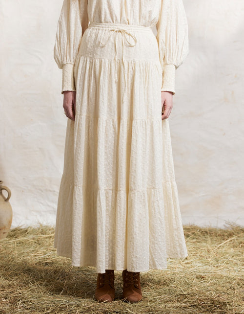 Jupe longue 'Velga' en cotton brodé crème