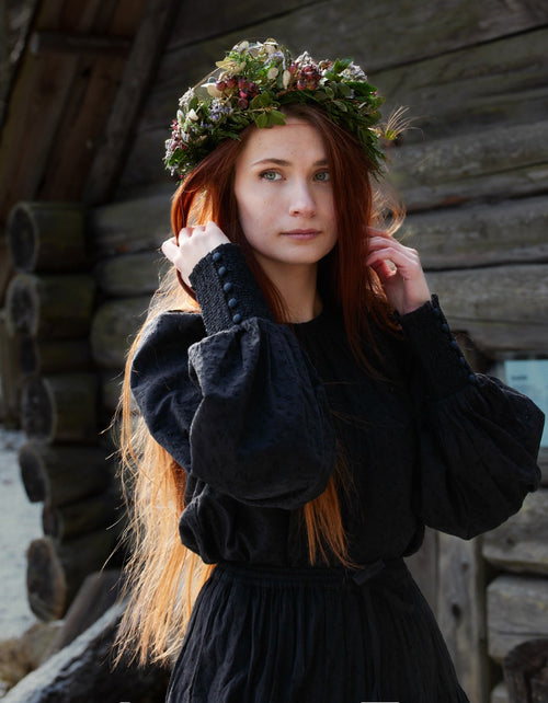 "Velga" puff sleeves embroidered cotton top black