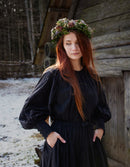 "Velga" puff sleeves embroidered cotton top black