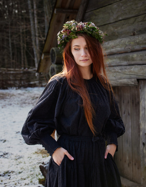 "Velga" puff sleeves embroidered cotton top black
