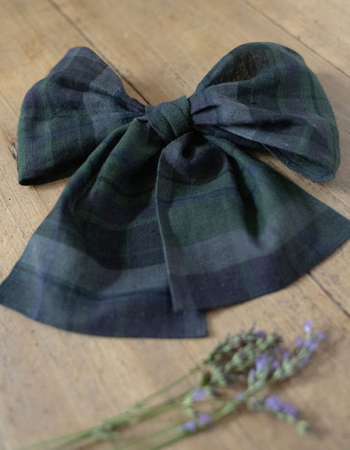 Barrette nœud pour cheveux 'Vera' en lin écossais vert