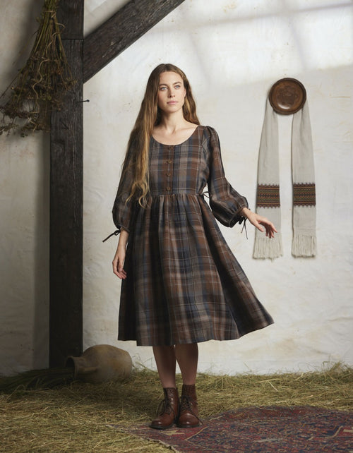 Robe manches 3/4 'Vera' en lin écossais marron