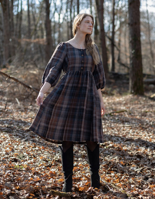 Robe manches 3/4 'Vera' en lin écossais marron