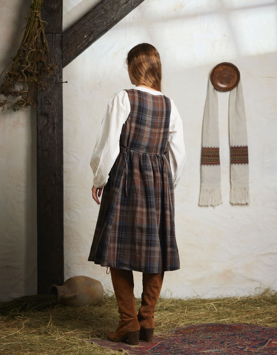 Vera brown Tartan Linen Jumper Dress