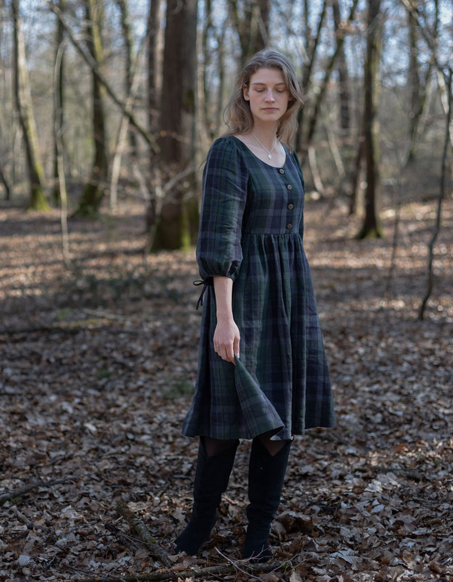 Vera green Tartan Linen Dress with 3/4 sleeves