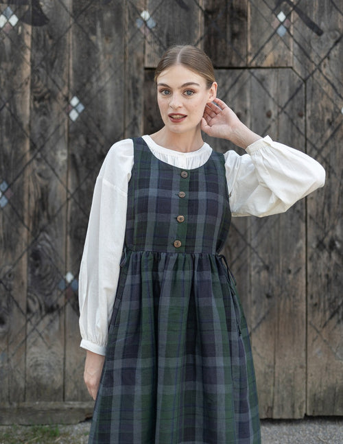 "Vera" green tartan linen jumper dress