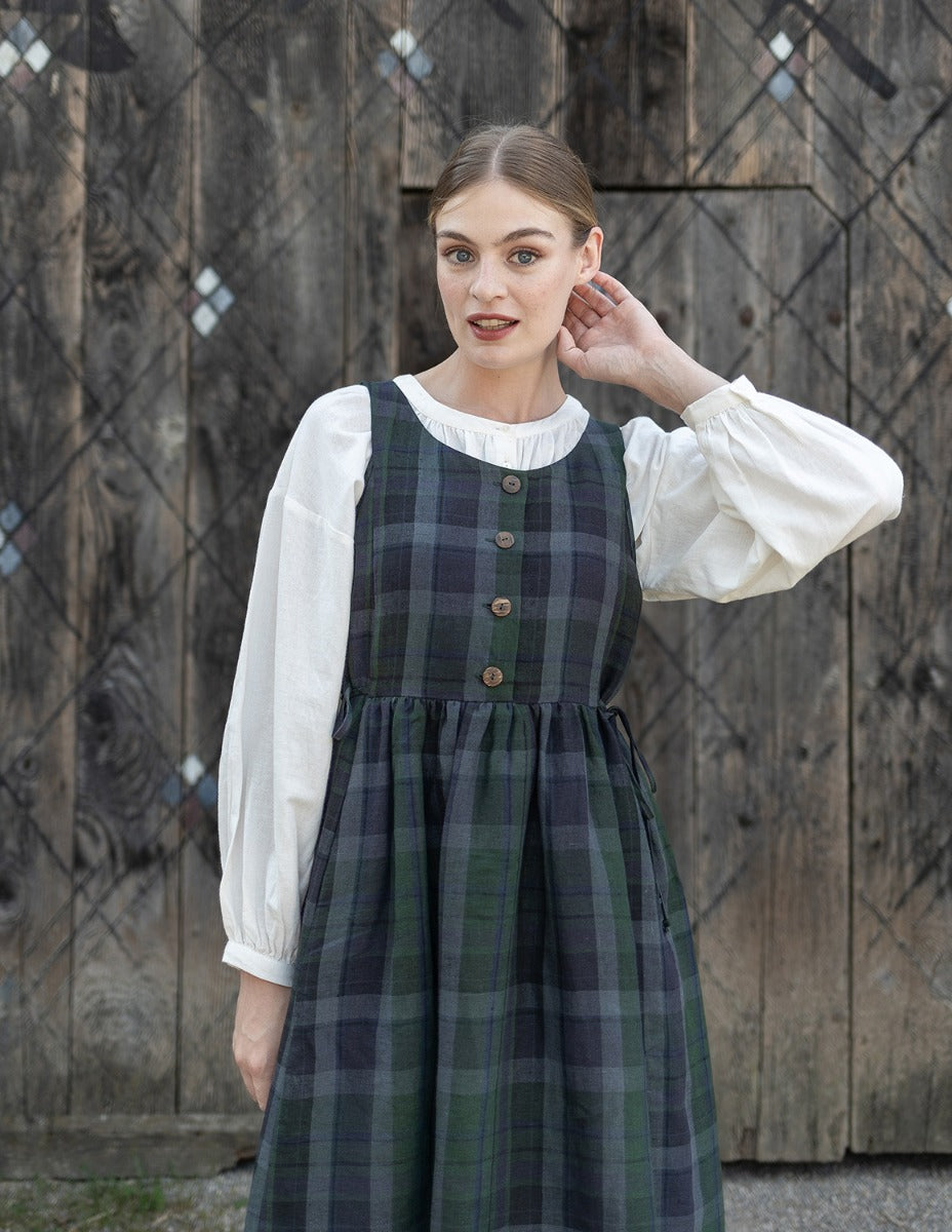 "Vera" green tartan linen jumper dress