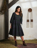 "Vera" green tartan linen dress with 3/4 sleeves