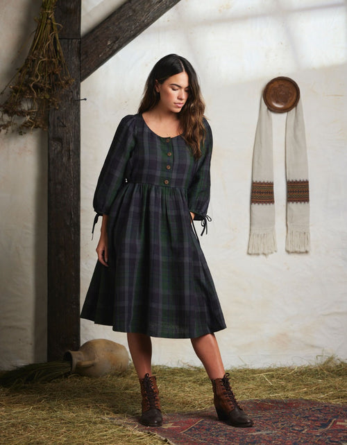 "Vera" green tartan linen dress with 3/4 sleeves