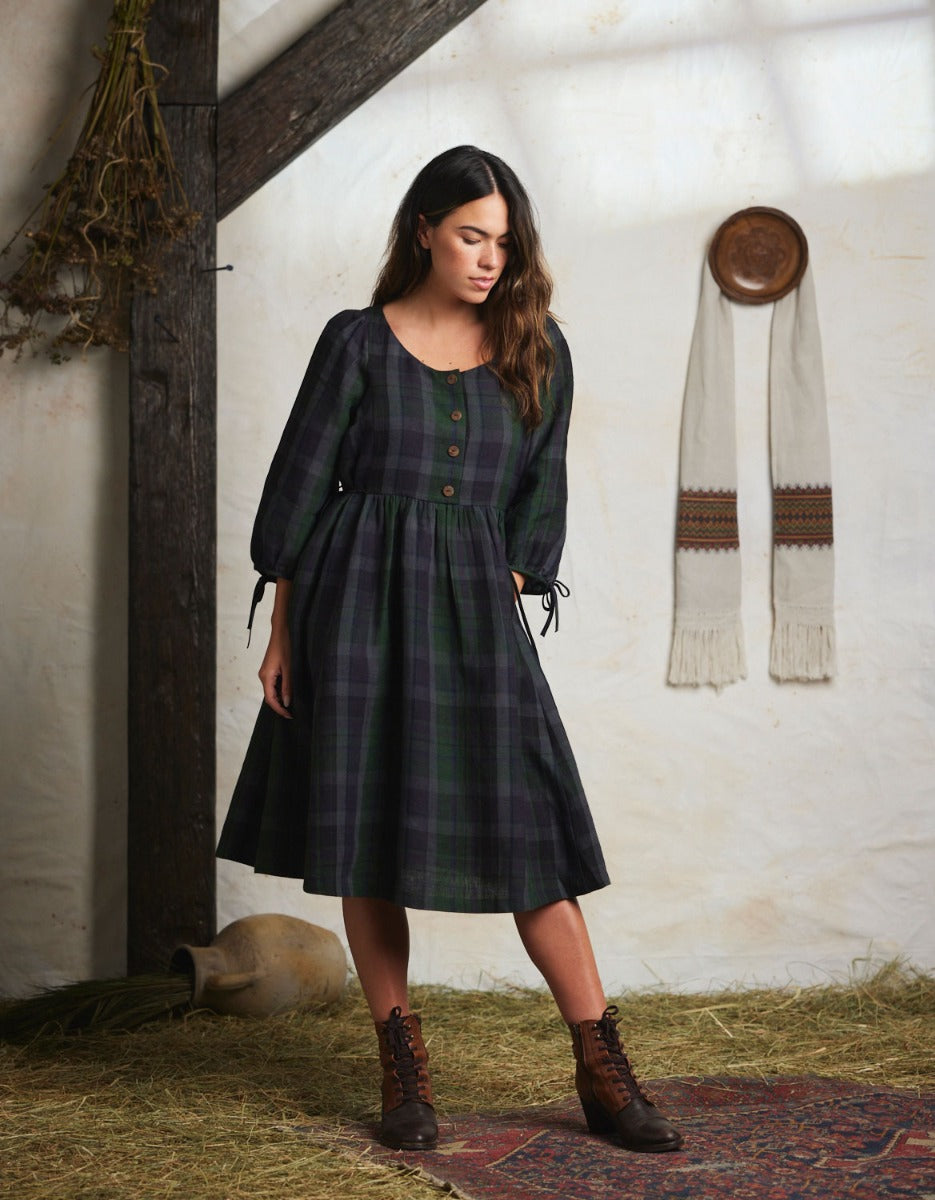 Vera green Tartan Linen Dress with 3/4 sleeves